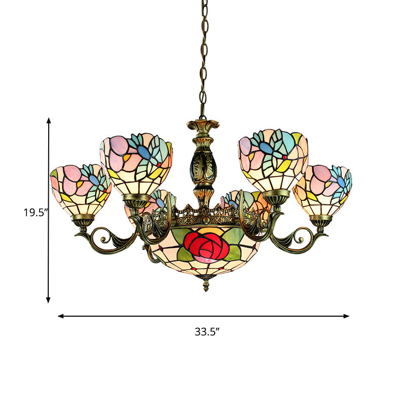 9-Light Tiffany Style Stained Glass Rose Chandelier Pendant Lamp - Red and Blue Bedroom Lighting