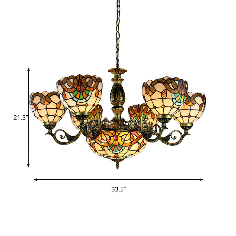 Victorian Domed Pendant Lamp: 11-Light Stained Glass Chandelier in Beige for Living Room