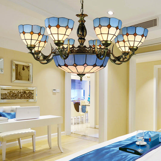 Mediterranean Cut Glass Bowl Chandelier - Blue 11-Light Hanging Ceiling Fixture