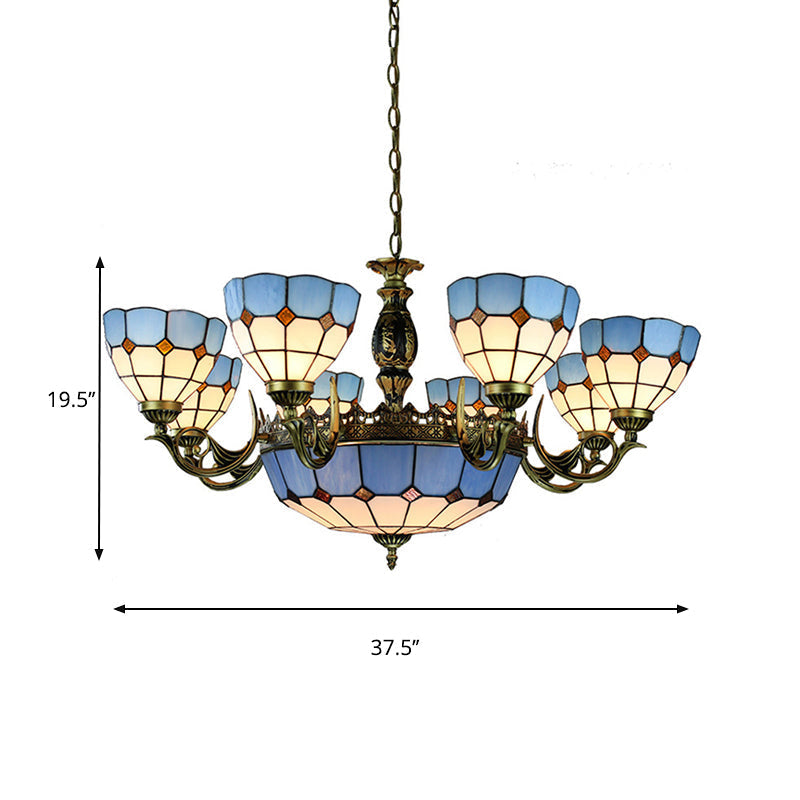 Mediterranean Cut Glass Bowl Chandelier - Blue 11-Light Hanging Ceiling Fixture