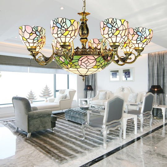 Stained Glass Pendant Light with Flower and Bowl Design - Perfect for Lodge-Style Living Rooms