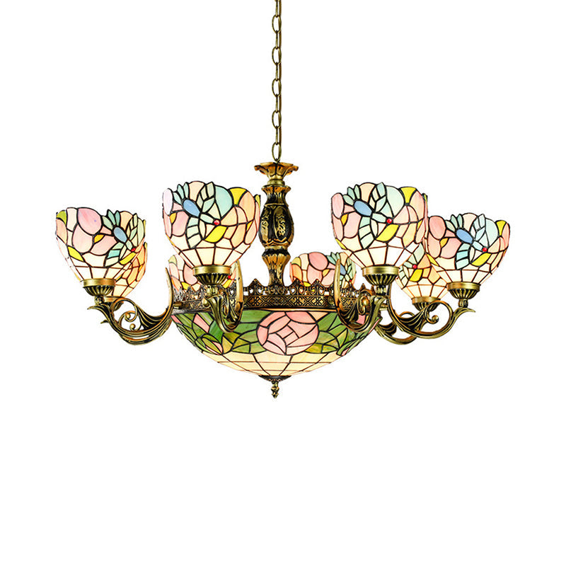 Stained Glass Pendant Light with Flower and Bowl Design - Perfect for Lodge-Style Living Rooms