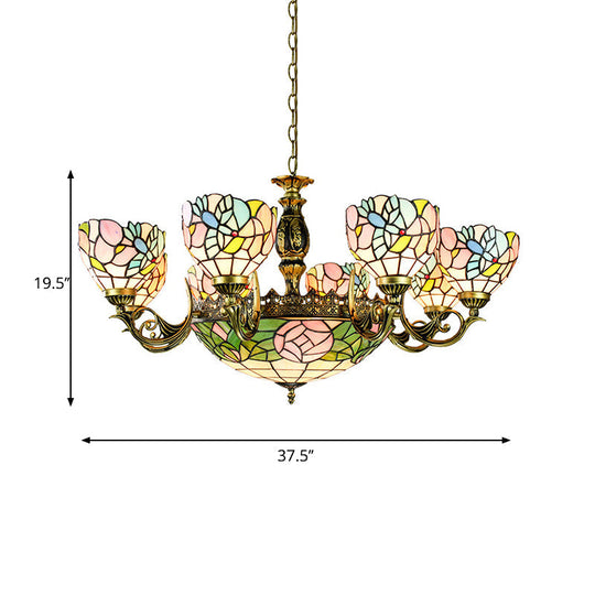 Stained Glass Pendant Lamp With Flower And Bowl Design For Lodge Loft Décor