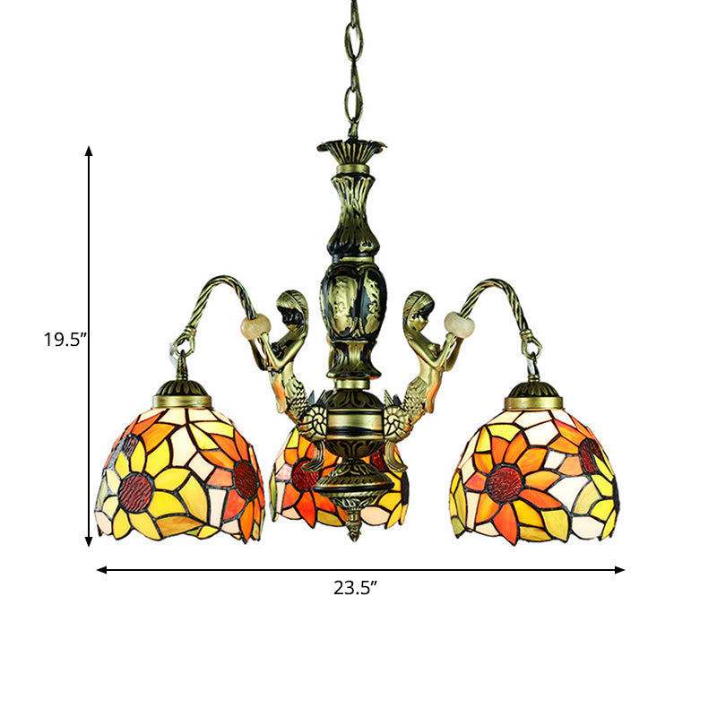 Baroque Orange Chandelier Pendant Light With Stained Glass Shade - 3-Light Dining Room Ceiling Lamp