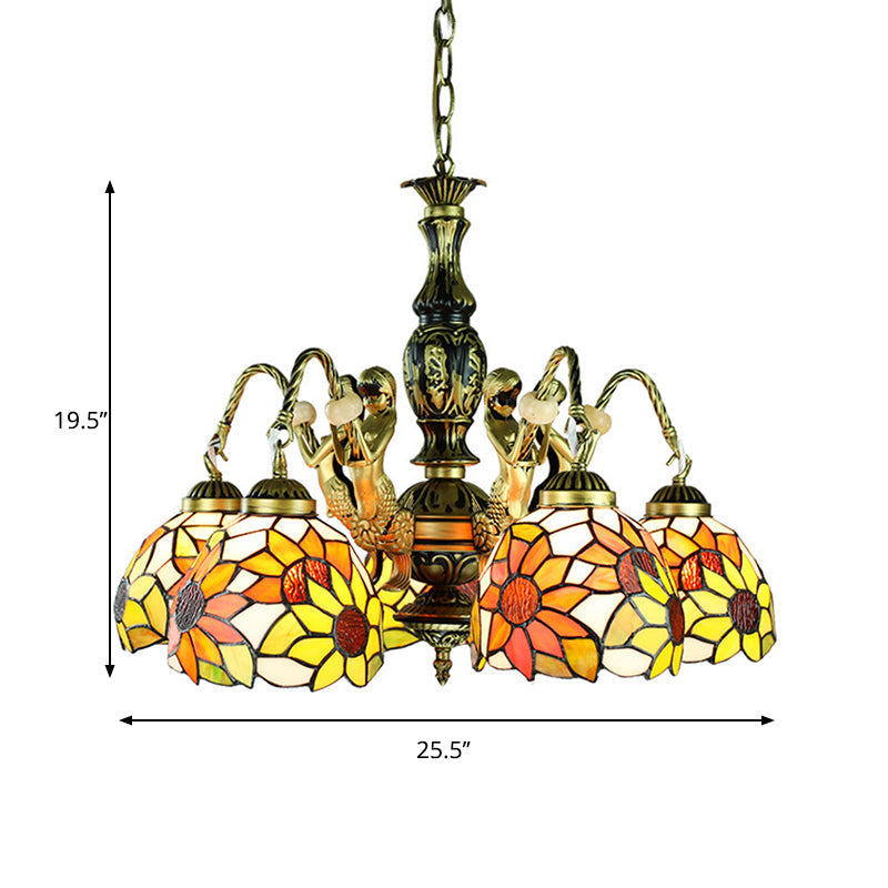 Sunflower Stained Art Glass Pendant Lamp - Tiffany Chandelier with Mermaid Deco - 5 Lights