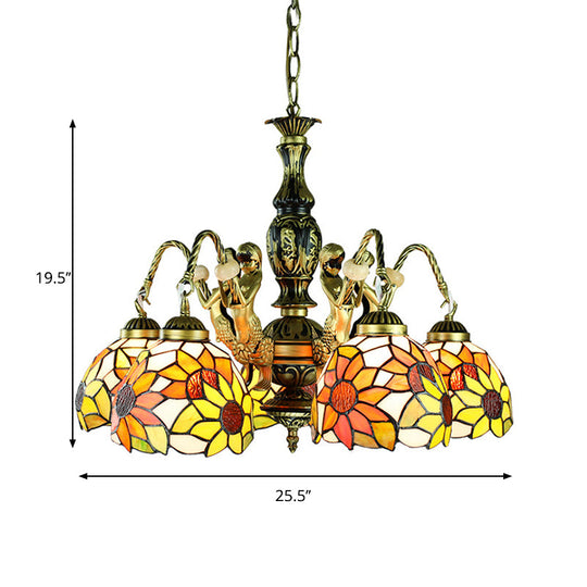 Sunflower Stained Art Glass Pendant Lamp - Tiffany Chandelier with Mermaid Deco - 5 Lights