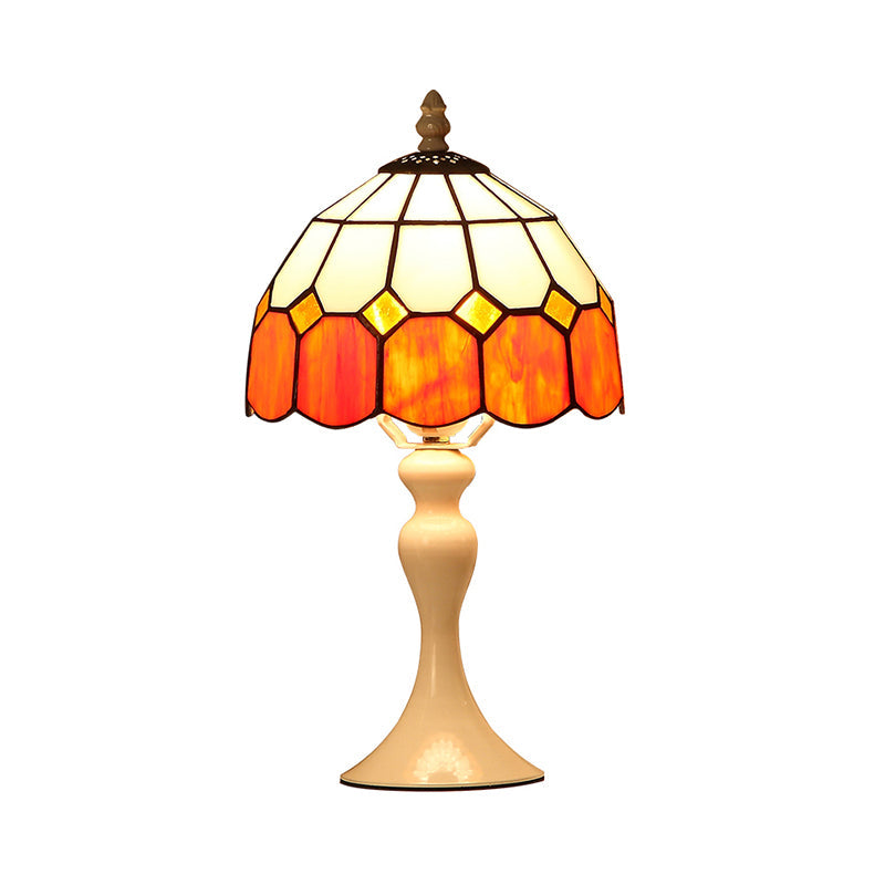 Antique Tiffany Style Orange Desk Lamp For Bedroom - Cafe Grid Domed Light Art Glass Design