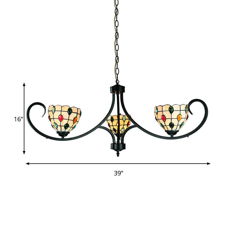 Suspended Beige Bowl Light with Colorful Bead Tiffany Stained Glass Chandelier - 3 Lights for Dining Room