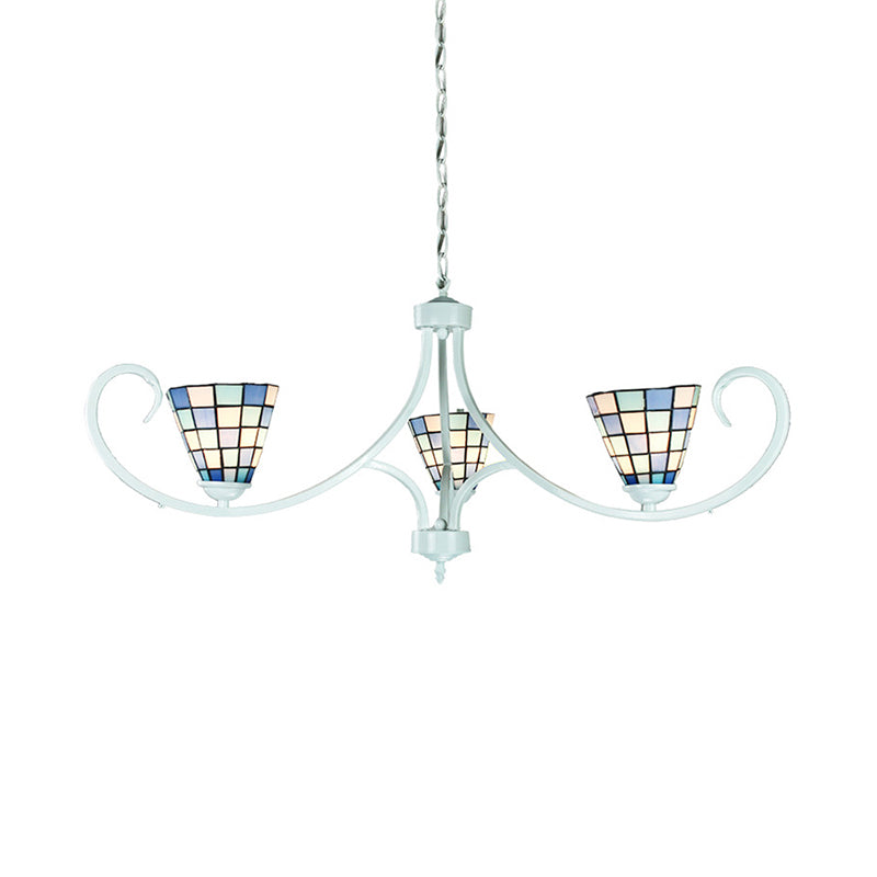 Adjustable Chain Cone Pendant Lighting - Traditional 3-Light Stained Glass Chandelier in Blue