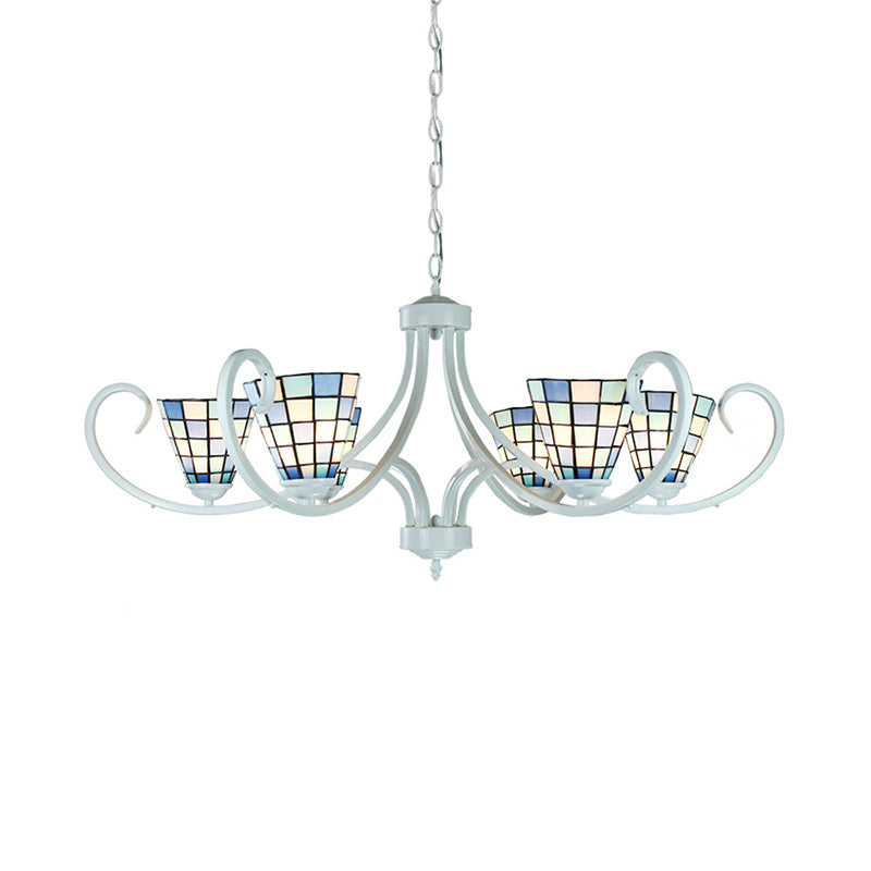 Stained Glass Tiffany Indoor Pendant Light: Cone Ceiling Chandelier With 5/6/8 Lights & Curved Arm