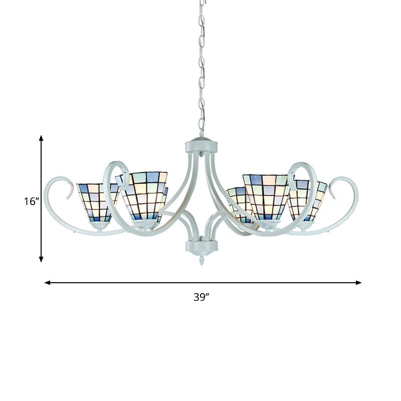 Stained Glass Tiffany Indoor Pendant Light: Cone Ceiling Chandelier With 5/6/8 Lights & Curved Arm