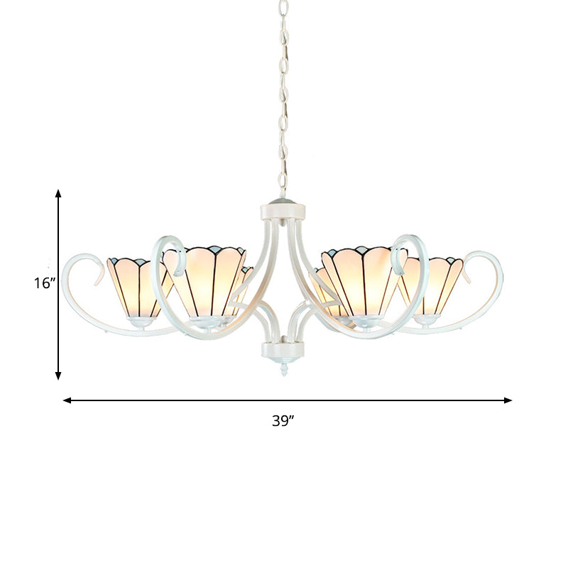 Tiffany Traditional White Glass Cone Pendant Light Chandelier - 5/6/8 Lights Ceiling Fixture For