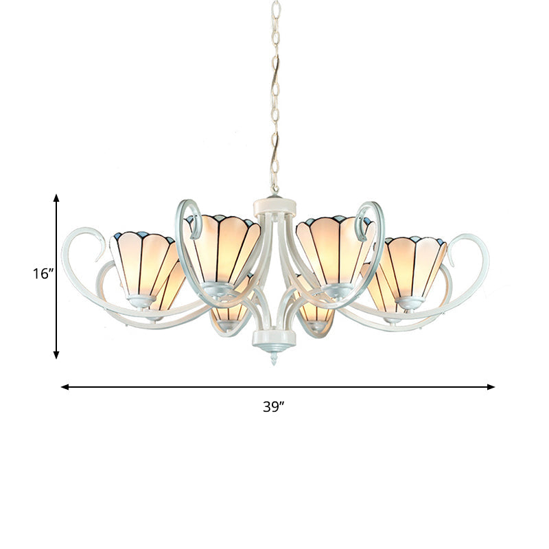 Tiffany Traditional White Glass Cone Pendant Light Chandelier - 5/6/8 Lights Ceiling Fixture For