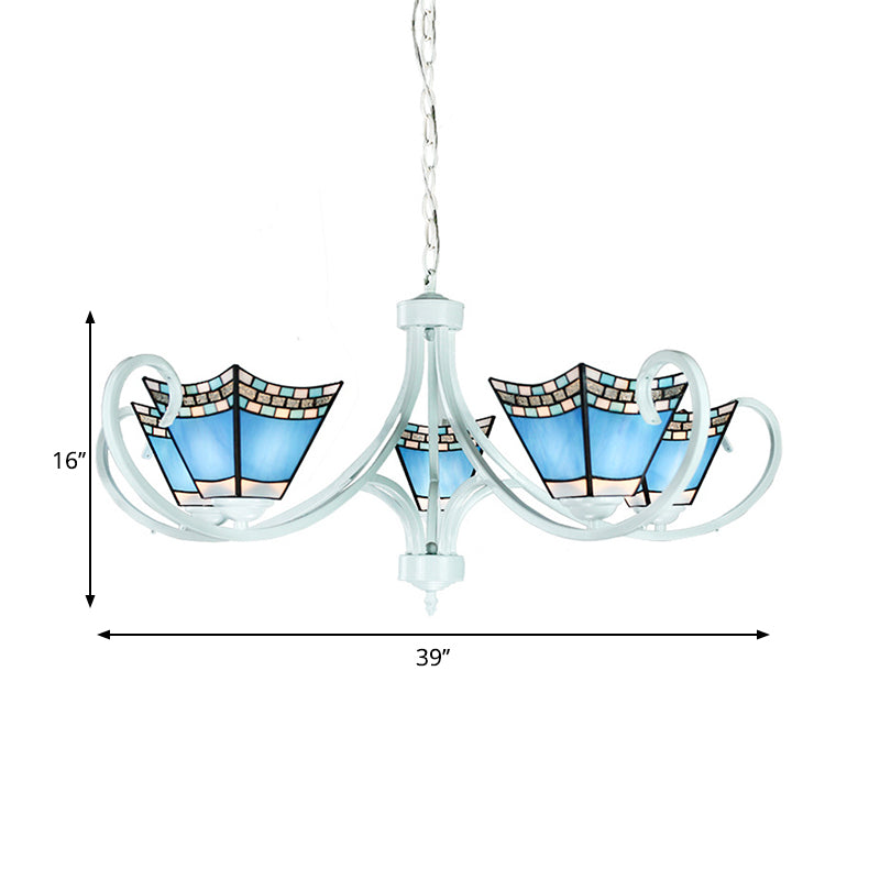 Nautical Chandelier with Blue Glass Pendants - 5/6/8 Lights in White Finish for Living Room