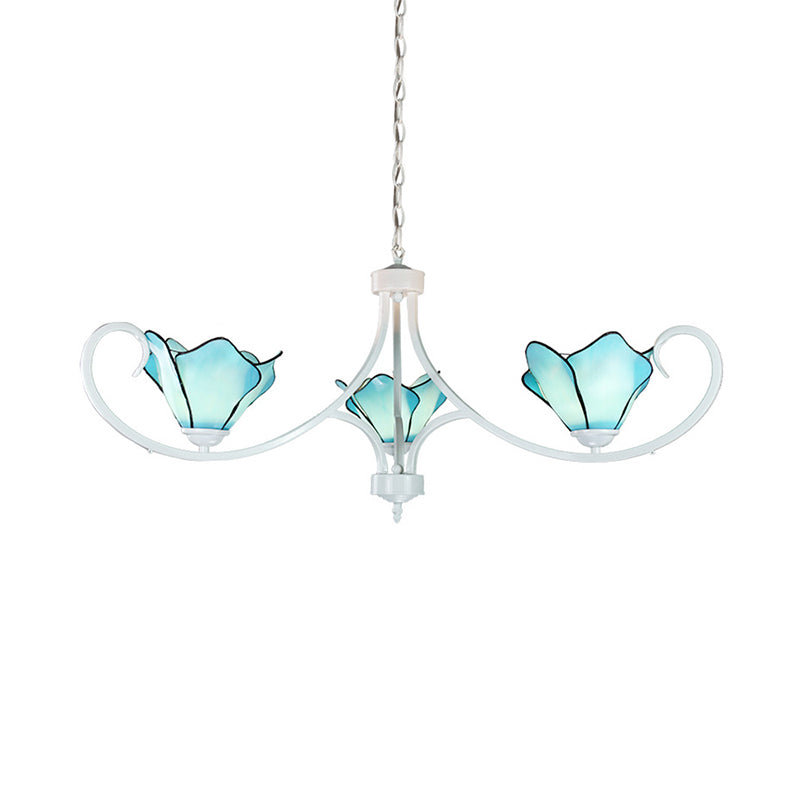 Blue Tiffany Stained Glass Chandelier with Rustic Petal Design - 3 Light Pendant for Foyer, with Metal Chain