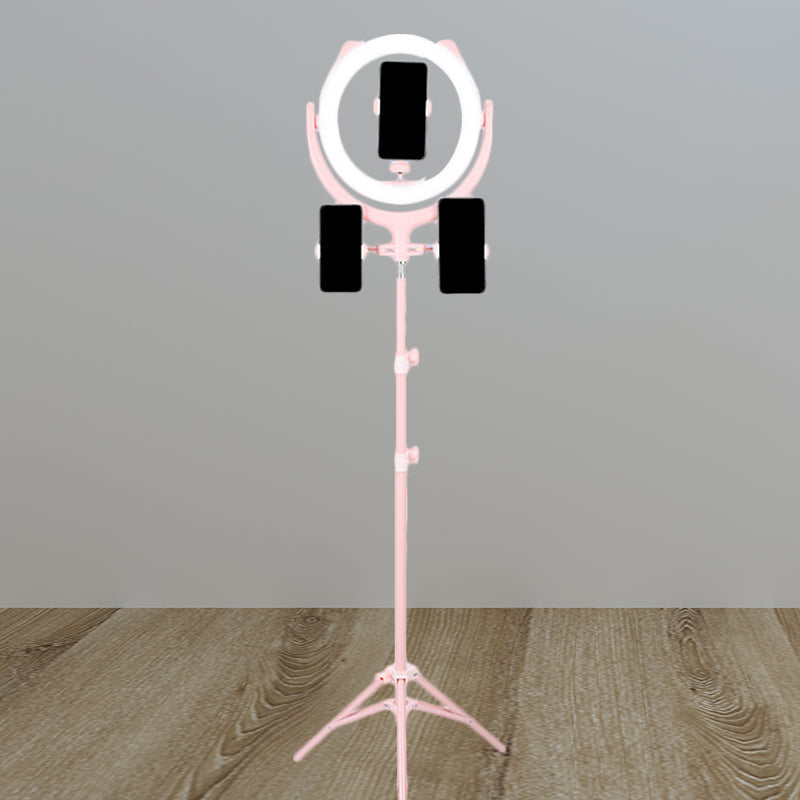 Modern Pink Usb Led Circle Mirror Phone Stand With Mobile Lighting Feature /