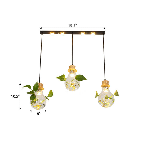 12/19.5 W Clear Glass Farmhouse Pendant Light Kit In Black 3-Head Cluster Design Bulb Shaped