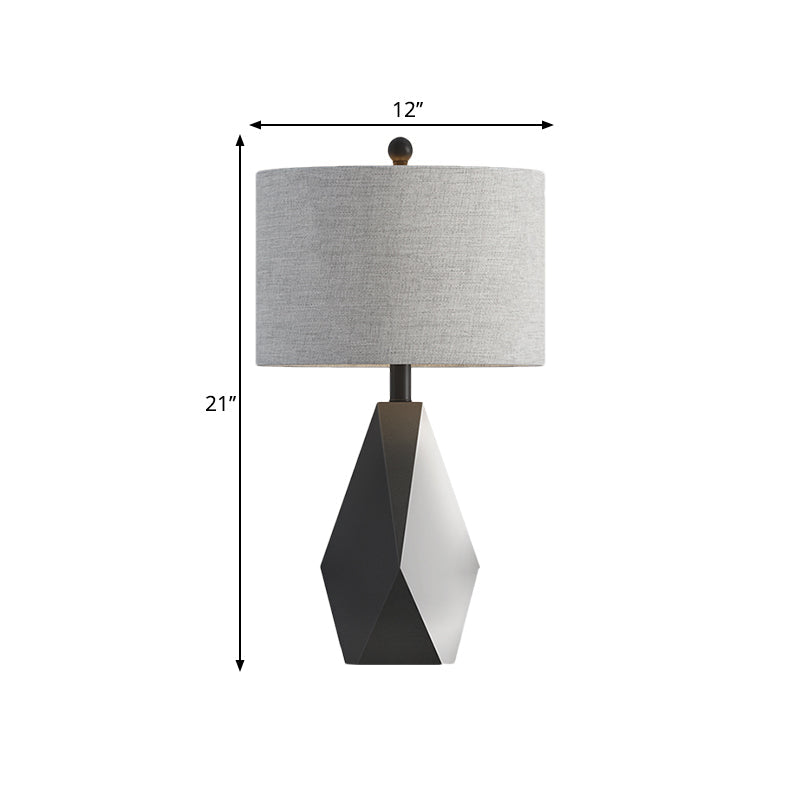 Minimal Grey Fabric Cylinder Table Lamp With Metal Geometric Base And Night Lighting