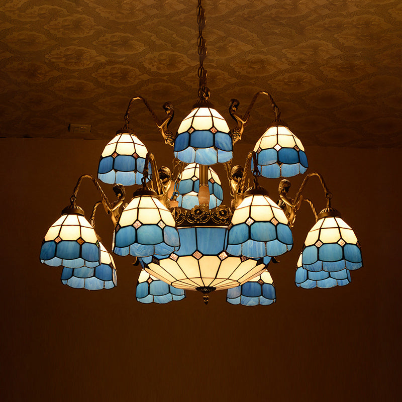 Blue Tiffany Style Chandelier Light: 15-Light Living Room Ceiling Lamp with Dome Cut Glass Shade