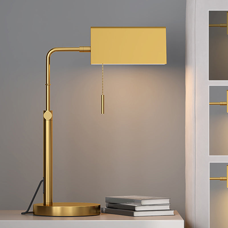 Contemporary Gold Metal Nightstand Lamp With Pull Chain - Rectangle Shape Perfect For Bedroom