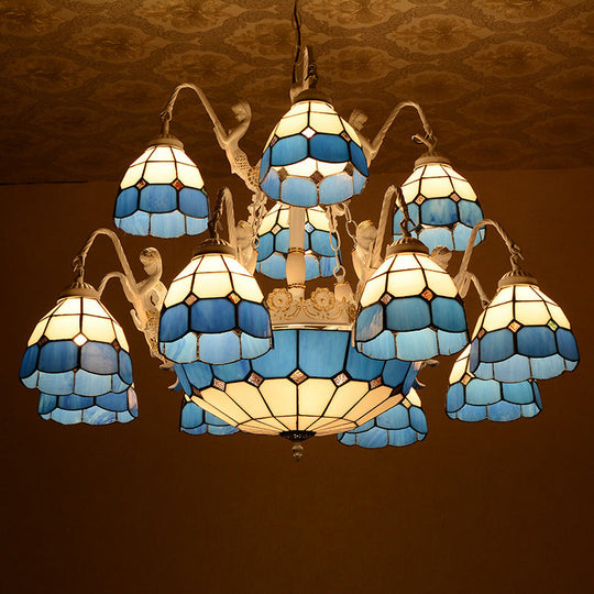 15-Light Blue Grid Tiffany Stained Glass Chandelier With Mermaid Décor