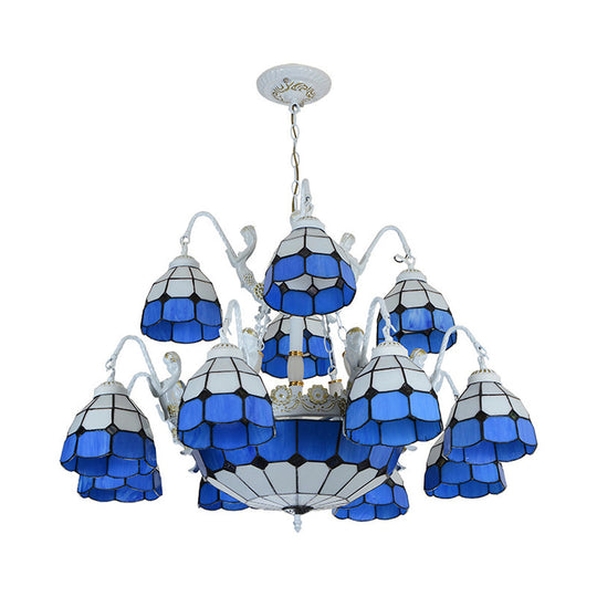 Blue Grid Pattern Tiffany Pendant Light with 15 Stained Glass Chandelier Lights and Mermaid Decoration