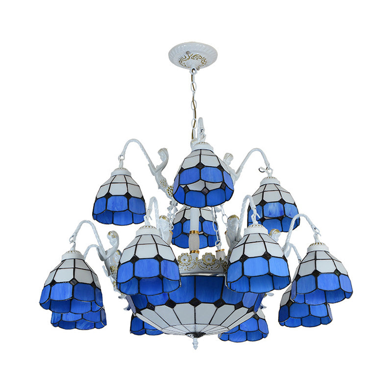 15-Light Blue Grid Tiffany Stained Glass Chandelier With Mermaid Décor