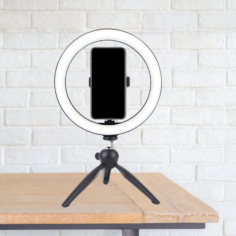 Portable Led Circle Makeup Phone Holder With Adjustable Tripod Stand In Sleek Black / Usb