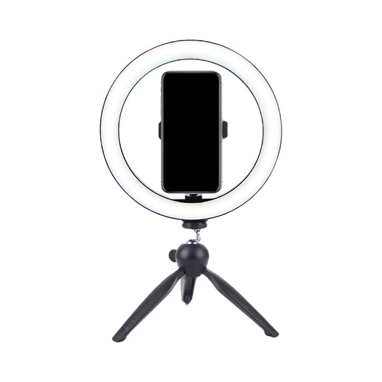 Portable Led Circle Makeup Phone Holder With Adjustable Tripod Stand In Sleek Black