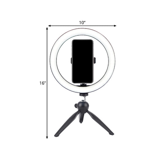 Portable Led Circle Makeup Phone Holder With Adjustable Tripod Stand In Sleek Black