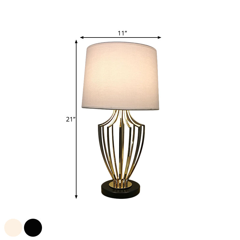 Modern Barrel Table Lamp - Minimalistic Fabric Shade 11/14 Width One Head Black/White Urn Cage Base