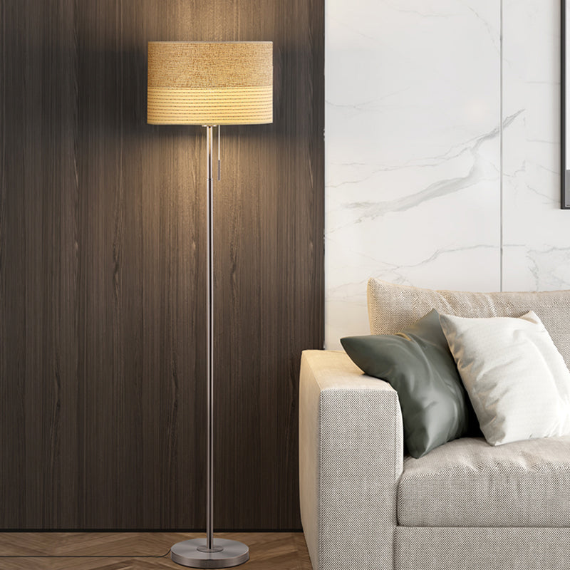 Minimal Beige Cylinder Floor Lamp With 1-Light Reading And Pull Chain