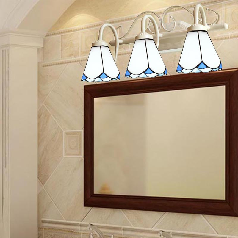 Classic Cone Wall Sconce With Curved Arm And White Glass - 2/3 Lights For Elegant Bathroom Lighting