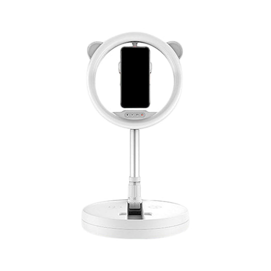 Minimalist Metal Mobile Phone Support With Circular Make-Up Light & Usb Port - Black/White Led