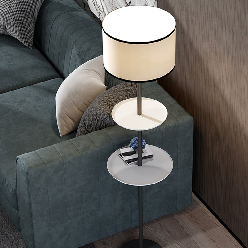 1-Bulb Modern Black Cylinder Floor Standing Light With Shelves Fabric Shade