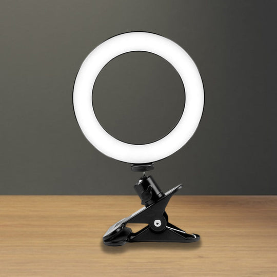 Black Usb Led Fill Lamp With Tripod Stand - Minimalist Metallic Design And Circular Shade Mirror /