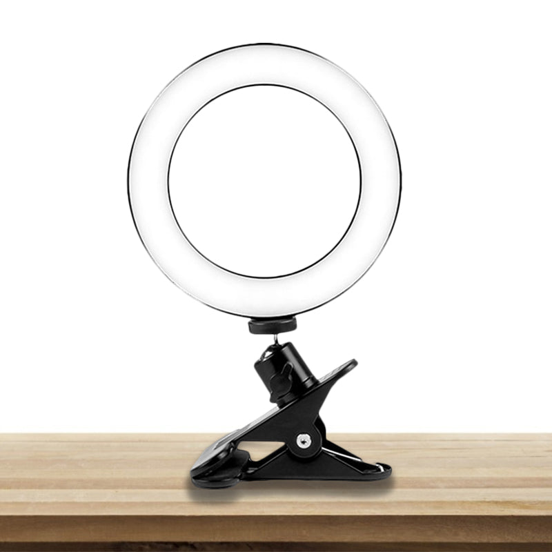 Black Usb Led Fill Lamp With Tripod Stand - Minimalist Metallic Design And Circular Shade Mirror