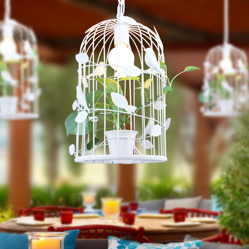Iron White Birdcage Suspension Light With Inner Plant Deco - Warehouse Ceiling Pendant