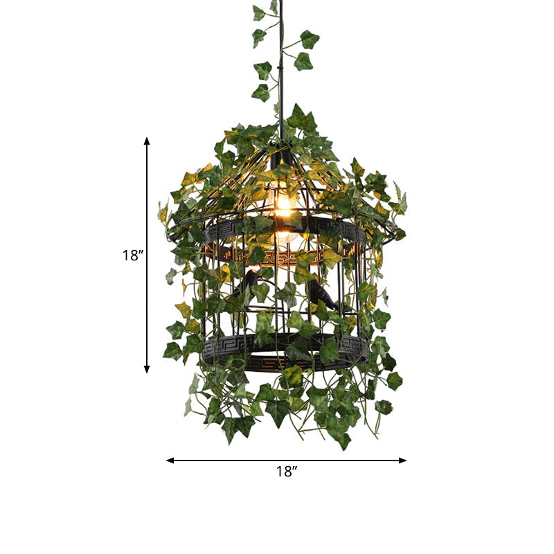 Industrial Black Birdcage Pendant Light With Leaf Deco - 1-Light Metal Suspension Lamp For Dining