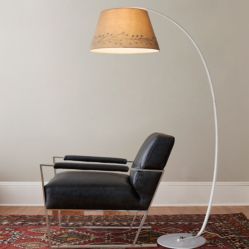 Modern Beige Floor Lamp With Arched Arm And Drum Shade - Ideal For Living Room Lighting
