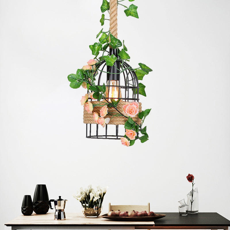Antiqued Metal Birdcage Pendant With Rose Design And Rope Rod For Dining Room Ceiling Lighting Black
