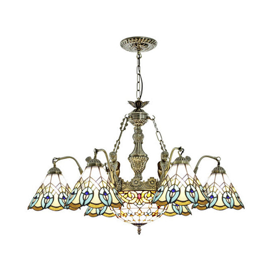 Peacock Pendant Light - Tiffany Style with 9 White Stained Glass Lights