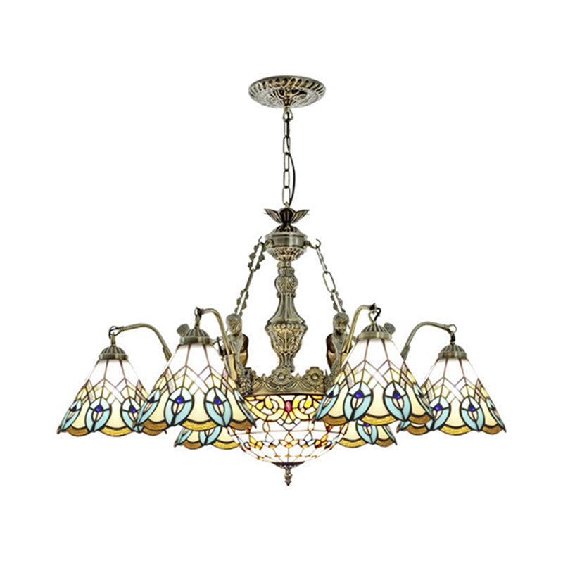 Peacock Pendant Chandelier Lamp - Tiffany Style Stained Glass With 9 Lights