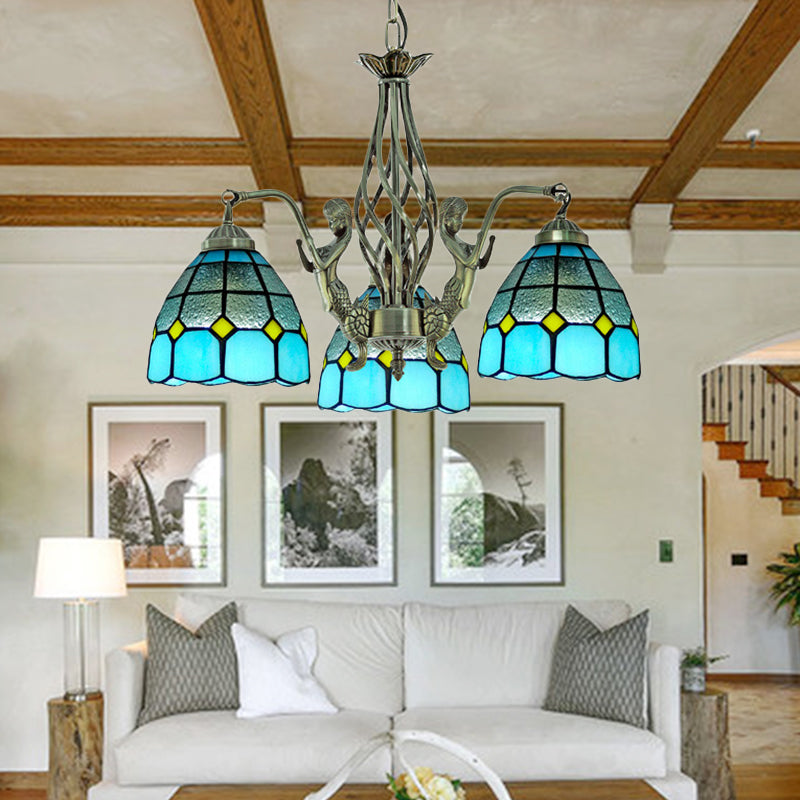 Tiffany Blue Glass Chandelier with 3 Lights - Hand Cut Dome Design for Ceiling Lighting
