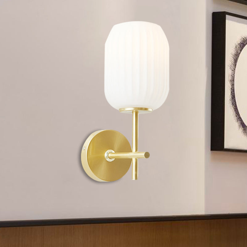 Simple Gold Bedside Wall Sconce With Lantern Cream Glass Shade - 1 Light Fixture