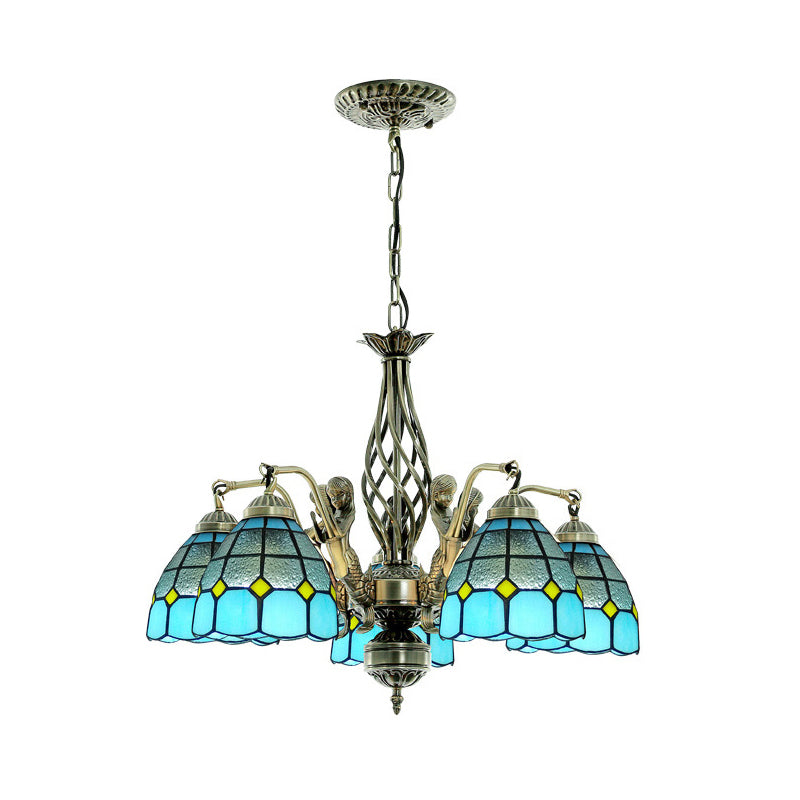 Blue Tiffany-Style Stained Glass Chandelier with 5 Pendant Lights