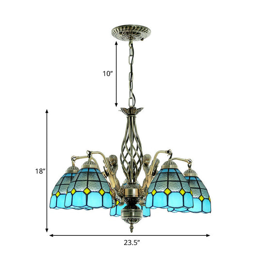 Tiffany Style Dome Stained Glass Chandelier - Blue Pendant Lamp With 5 Lights