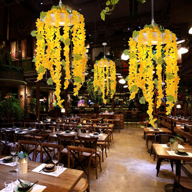 Yellow Industrial Metal Drop Pendant Ceiling Light With Pvc Floral Deco
