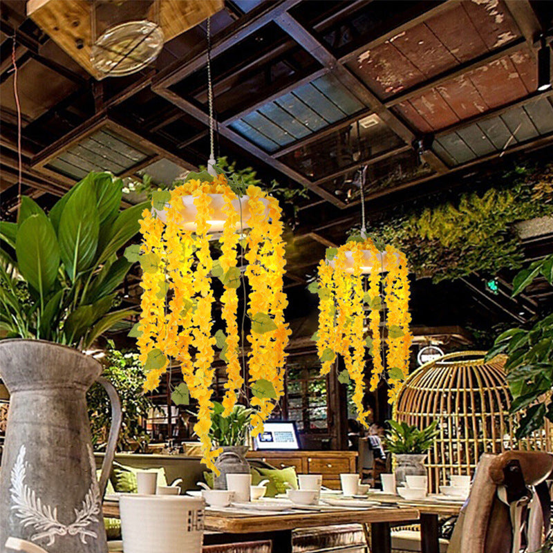 Yellow Industrial Metal Drop Pendant Ceiling Light With Pvc Floral Deco