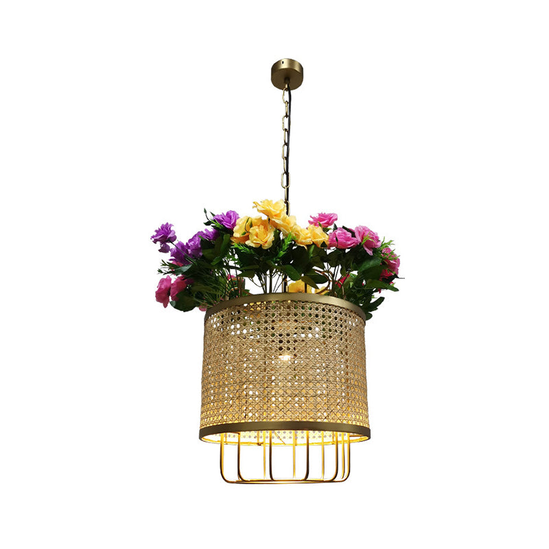 Floral Deco Beige Cylinder Pendant Light Kit With Metal Hanging Lamp
